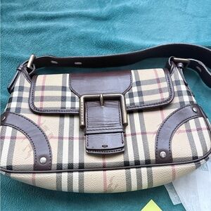 Burberry Plaid Shoulder Bag in Beige and Brown with Dark Leather Trim
